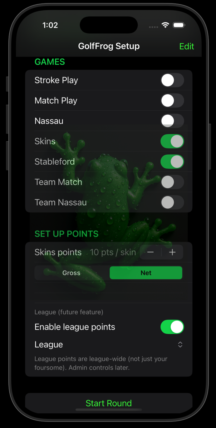 GolfFrog game format toggles